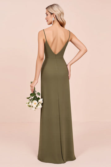 Olive Spaghetti Straps Sheath Ruched Long Bridesmaid Dress